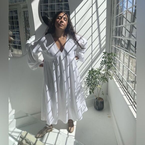 Boheme Goods French Maxi Tan Cream Dress Garmentory Oversized Size 2 - Picture 7 of 10